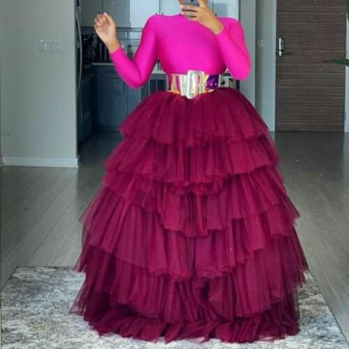 Burgundy Puffy Draped Tulle Skirts Women To Wedding Party Floor Length Mesh Tulle Skirt Maxi Skirt Elastic Saia Faldas