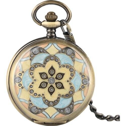 Blooming Flower Display Bronze Antique Hand Winding Mechanical Pocket Watch 30 cm Pocket Chain Pendant Clock