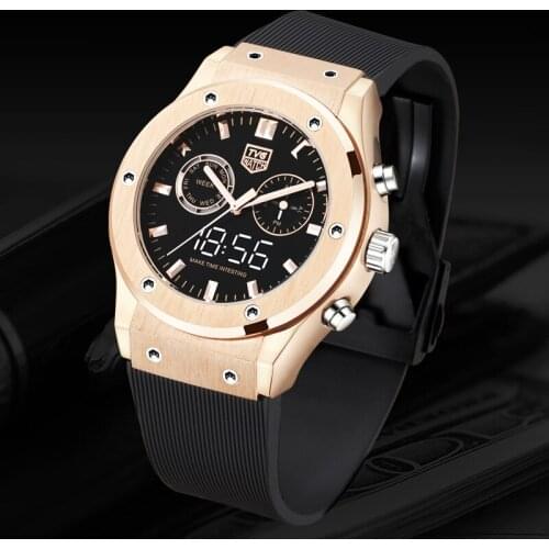 TVG Men Watches Luxury Men Rose Gold Watches Men Sports Watches Waterproof Quartz Dual Display Watch Silicone Mens Watches