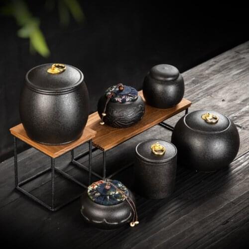 Black Ceramic Tea Box Set Wooden Lid Leaf Tea Storage Box Small Giftbox Travel Vintage Tea Container Te The Tea Container AC50TE