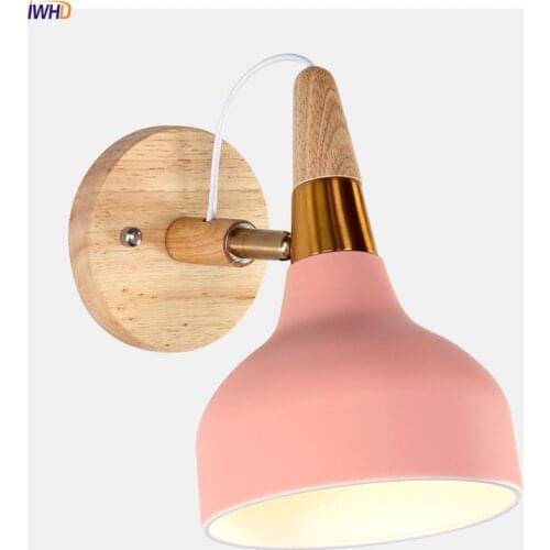 Wood Nordic LED Wall Lights Fixtures E27 Pink Iron Bedside Sconce For Living Room Bathroom Light Wall Lamp Applique Murale