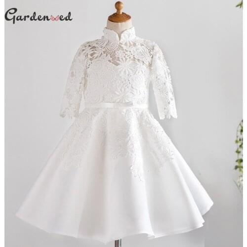 Ivory Lace Scoop Kids First Communion Dress Tulle Applique Pearls Flower Girl Dresses Sleeve Little Bride Dresses Vestidos