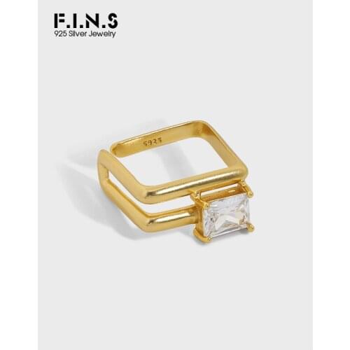F.I.N.S Temperament Zircon Square 100% S925 Sterling Silver Open Ring Geometric Line Coupon Fine Jewelry Wedding Bands Gifts