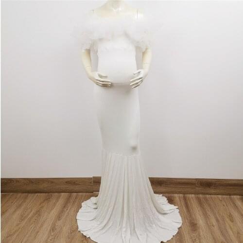 Free Size Costume Stretch Maxi Long Floral Tulle Boob Tube Maternity Dress Pregnant Cotton Gown for Woman Photography Prop Baby