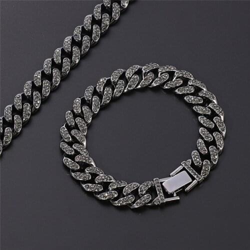 13mm Hip Hop Miami Curb Cuban Chain Bracelets Black Iced Out Rhinestones Bracelet Male CZ Bling DJ Rapper Men Jewelry Wholesale