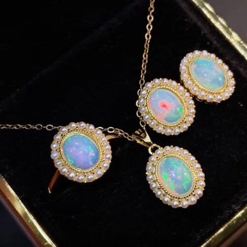100% Natural Opal jewelry set Natural And Real Opal 925 sterling silver 1pc pendant,1pc ring,2pcs Earring