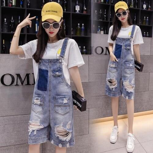 Ladies Bib 2021 Summer Fashion Loose Large Size Womens Ripped Hole Washed Denim Drop Pants Mid Pants Bib