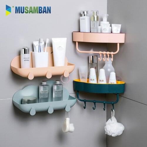 2PCS Wall-mounted Bathroom Shelves Corner Shelf With Hook Bathroom Accessories Shampoo Shower Shelf Towel Holder Storage Rack
