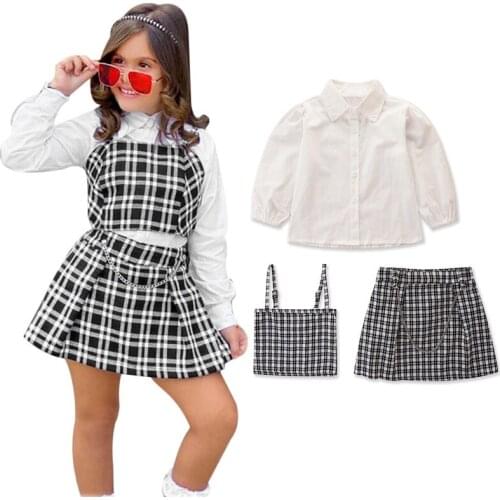 1-6 Years Girls 3pcs Clothes Set Long Sleeve Shirt Red Black Plaid Strappy Vest Chain Skirt Outfits Girls Spring Fall Casual Set