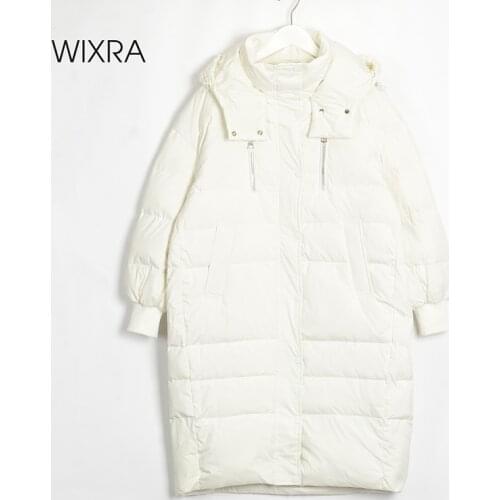 Wixra White Duck Down Overcoats Womens Stylish Thick Warm Winter Outwear Zipper Long Jackets Soft Hooded Parkas Snow Coats