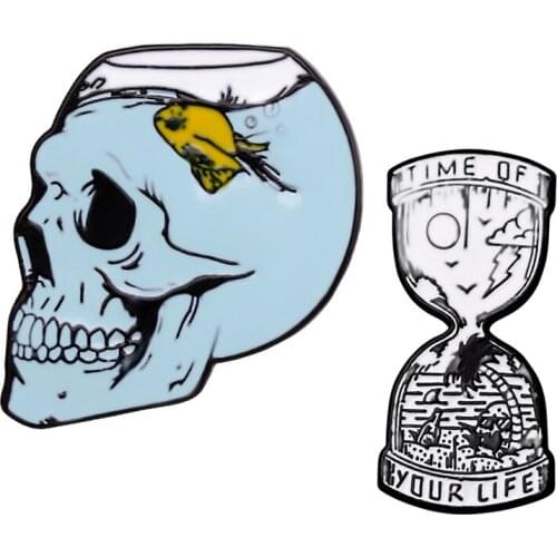 Skull Hourglass Enamel Pin Time of Your Life Brooches Bag Clothes Lapel Pin Punk Badge Simple Time Jewelry Gift for Friends