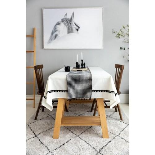 Simple white cotton canvas tablecloth black pompom fringes decorative black white houndstooth table runner cabinet dust cover