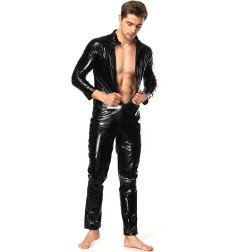 Plus Size S-5XL Male PVC Leather Bodysuit 2019 Black Open Crotch Zipper Jumpsuit Mens Fetish Latex Clubwear Catsuit