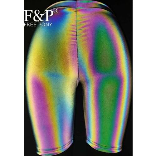 Handmade Plus Size Clothing Rainbow Holographic Reflective Biker Shorts High Waist Active Gym Workout Yoga Rave Leggings