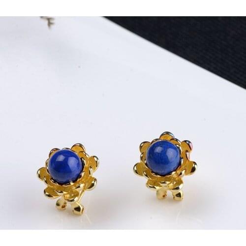FNJ Lapis Lazuli Flower Earrings 925 Silver Original Pure S925 Sterling Silver Stud Earring Women Jewelry Gold color