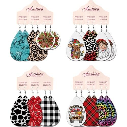 PU Leather Earrings for Women Elk West Cow Leopard Dizzy Christmas Love Party Unique Originality Pattern Dangle Earring Sets