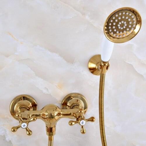 Modern Polished Gold Color Brass Wall Mount Bathtub Faucet with Handheld Shower Set +1.5M Hose Mixer Tap 2na976