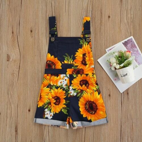 Summer Children Fashion Casual Cute Sunflower Print Short Romper Girls Sleeveless Square Collar Jumpsuit with Pockets