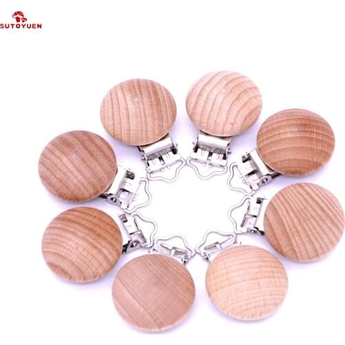 Sutoyuen 50pcs Natural Wooden Round Pacifier Clips Infant Baby Soother Metal Holder Teething Beads DIY Chain Nursing Accessories