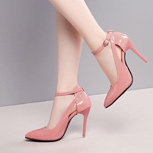Sexy High Heels Women Shoes Pointed Toe Stiletto Heel Patent Leather Pumps Buckle Strap Office Dress Shoes Woman Pink Yellow