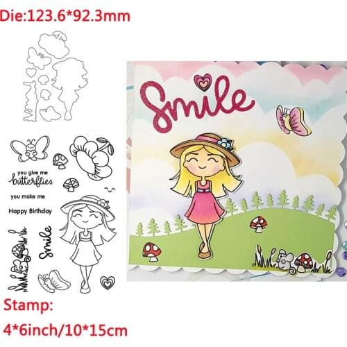 A Smiling Girl Animal Butterfly Words Metal Cutting Dies&Transparent Clear Stamps For DIY Scrapbooking Album New Paper Cards