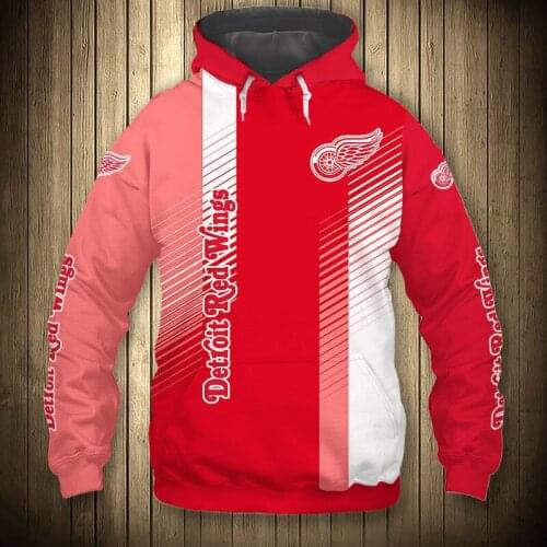 Red white stripes stitching flame wings print sweatshirt Detroit mens casual Red Wings hoodie