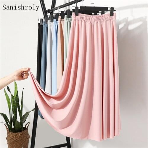 2021 New Summer Women Long A Line Ice Silk Skirts Elastic High Waist Modal Skirt Ladies Big Swing Maxi Skirt Saia Plus Size 1237