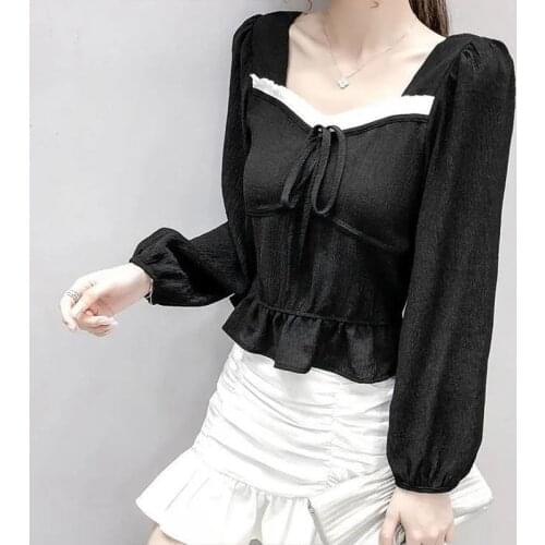 Womens Spring Autumn Style Blouse Shirt Womens Square Neck Long Sleeve Lace Up Ruffles Button Casual Tops SP946