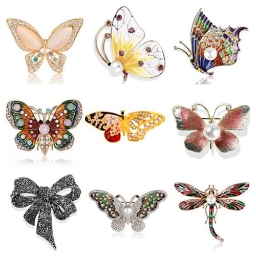 Natural Animals Brooch Pins Bee Dragonfly Butterfly Brooches For Women Crystal Costome Jewelry