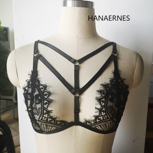 Woman Black Lace Punk Goth Elastic Harness Bra Belts Sexy Lingerie Body Bondage Caged Bralette Gothic Harness Bra