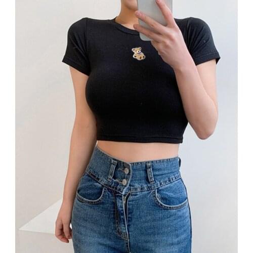 Women Sexy Embroidered T-shirts 2021 Summer Slim Fit Bear Pattern Short Sleeve Round Neck Crop Tops Casual Ladies Girls Tees