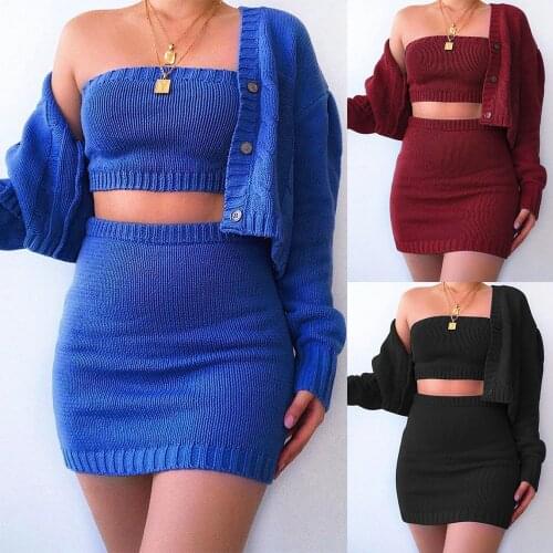 Women Fashion Casual 3 Piece Set Sweater Tube Top Long Sleeve Jacket Coat Bodycon Mini Skirt Female Sexy Dress Suit