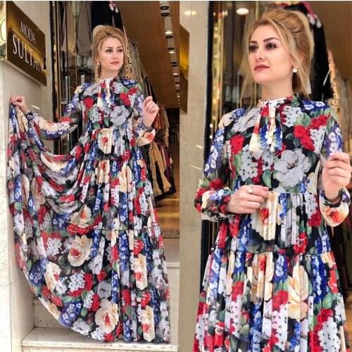 2021 Spring Autumn African Women Fashion Maxi Long Dress Printed Chiffon Ruffle Dresses Party Birthday Date Night Robes New