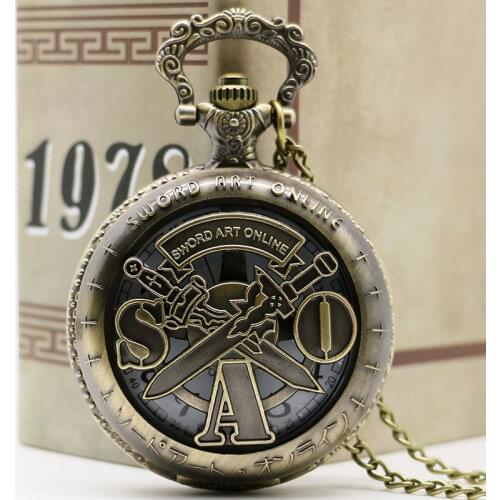 Antique Sword Art Online Bronze Pocket Watch Vintage Necklace Pendant Chain Quartz Unisex Gifts