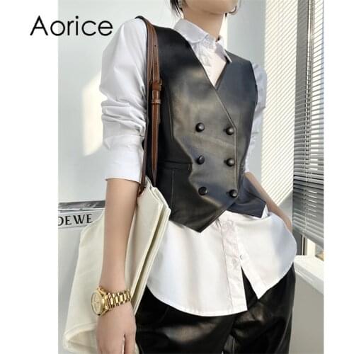Aorice Women Real SheepSkin Leather Jacket Vest Waistcoat 2021 Brand Spring Female Genuine Leather Jackets Coats CT112