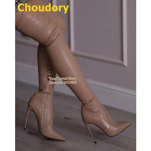 Choudory Nude Black Matte Leather Over-the-knee Boots Thin High Heels Pointy Toe Zipped Thigh High Boots Elastic Gladiator Shoes