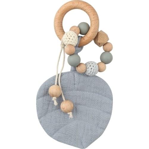 Baby Wooden Teether Ring with Leaves Shape Absorbent Cloth Towel Blanket Rattle Beads Molar Toy Newborn Soother Bracelet
