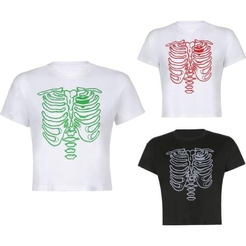 MXMA Womens Summer Short Sleeve T-Shirt Round Neck Casual Loose Pullover Tops Harajuku Multicolor Breastbone Skeleton Print Tee
