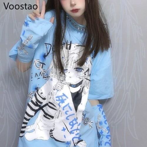 Sweet Cartoon Anime Girly Print Tshirt Harajuku Gothic Chic Loose Long Sleeve T-Shirts Women Streetwear Punk Y2K Kawaii Tees