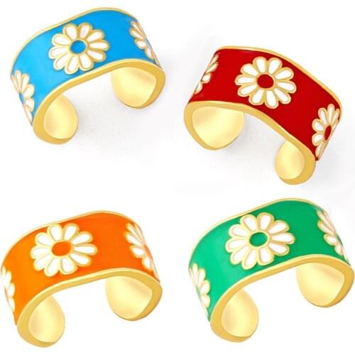 FLOLA 7 Colors Copper Flower Ring Enamel Open Big Wide Statement Ring Jewelry For Women Gift rigm14