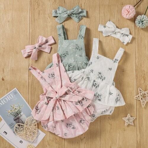 Summer New Infant Cotton Linen Jumpsuits Lace Floral Romper+Bow Turban Headbands Sweet Style Little Princess SToddler Clothing