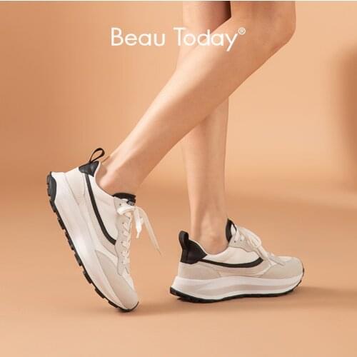 BeauToday Chunky Sneakers Women Cow Suede Platform Shoes Patchwork Lace-Up Round Toe Ladies Trainers Thick Bottom Handmade 29591