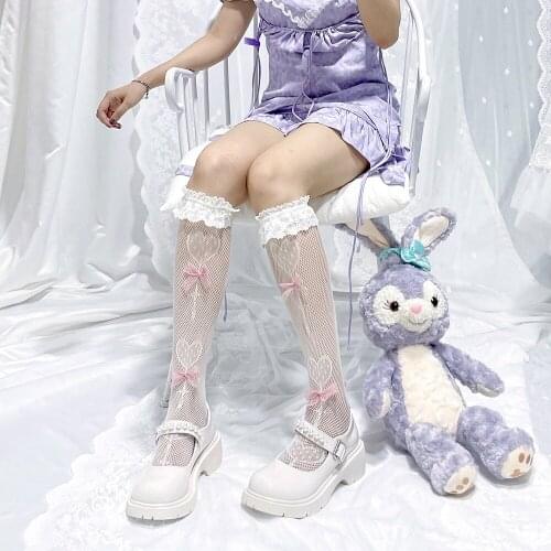 Lolita Lace Mesh Socks Women Transparent Thin High Knee Socks Female Elastic Jk Bowknot Long Socks Leg Girls Calcetine Medias