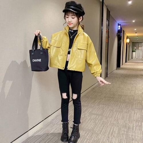 2021children pu jacket Girls motorcycle jacket kid outwear solid color Zipper belt Faux Leather spring Autumn fashion pu jacket