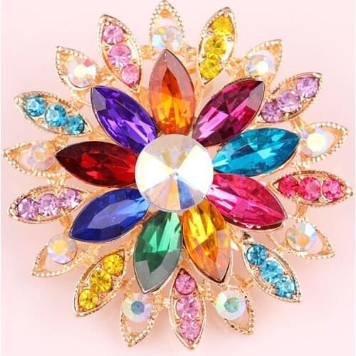 Multicolor Wholesale Large Round Crystal Rhinestone Flower Brooch Pins For Women Cute Colorful Blue Green Girls Brooches