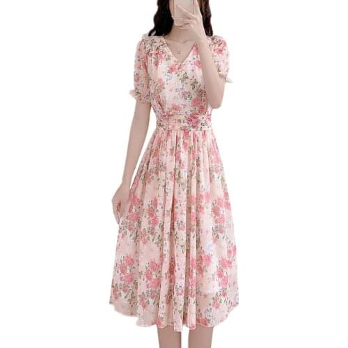 Summer Plus Size M-4XL Floral Chiffon Dress Women French V-neck Puff Sleeves Dress Elegant Slim Holiday Maxi Dress Female JD1520