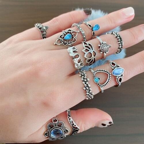 Vintage Ring Set Bohemian Retro Crystal Boho Flower Leaves Hollow Lotus Gem Ring Set Women Wedding Anniversary Gift