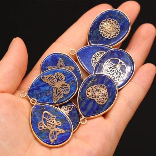 Natural Semi-precious Stone Pendant Water Droplets Shape Gilded Edge Lapis Lazuli for Jewelry Making Necklaces Gift