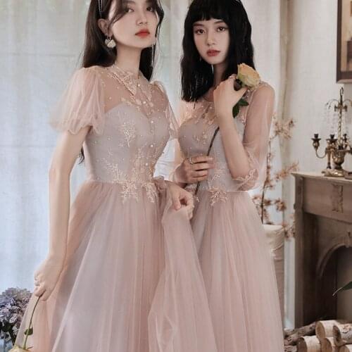 New Dusty Pink Bridesmaid Dresses With Sleeves Mixed Styles Lace Embroidery with Pearls Elegant Women Party Wedding Dresses
