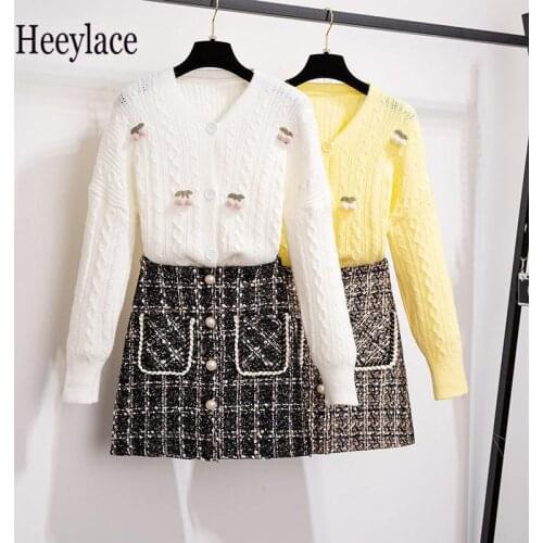 Autumn 2021 Women Elegant 2 Pcs Set Female Jacquard Cardigan Sweater + Plaid High Waist Mini Skirt Suit Lady Casual Sets Outfits